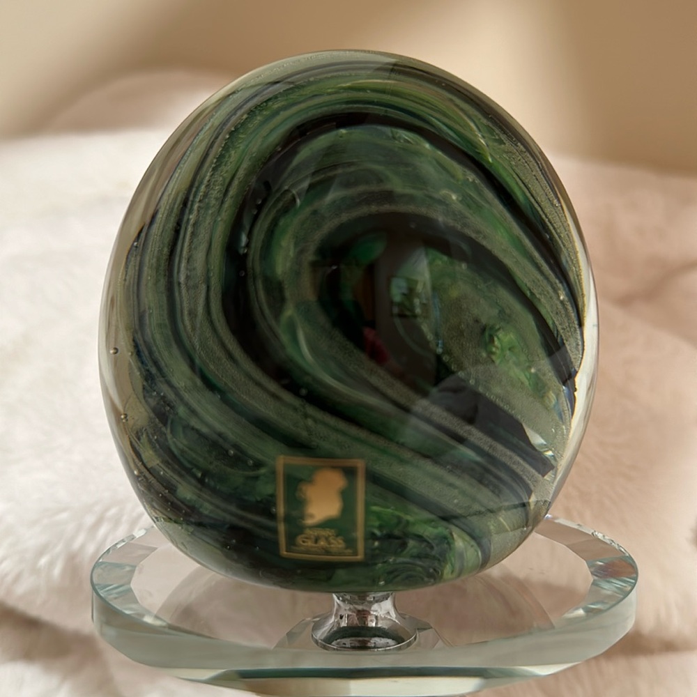 Vintage Kerry Irish Art Glass Paperweight Emerald Green Swirls from Ireland